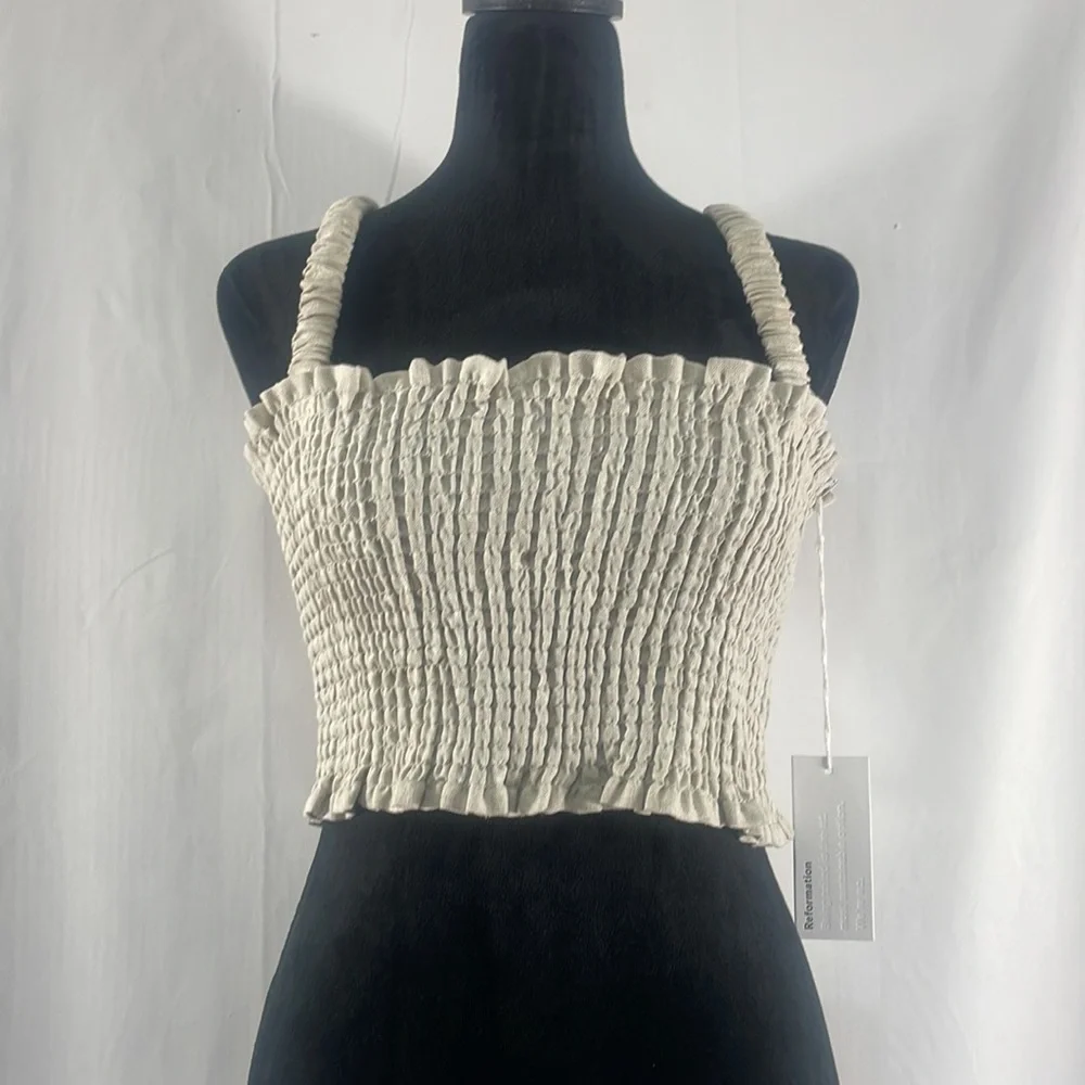 Reformation Vera Linen top,Tan, crop,straps, smocking %100 Linen, Size 8, NWT - Picture 8 of 8